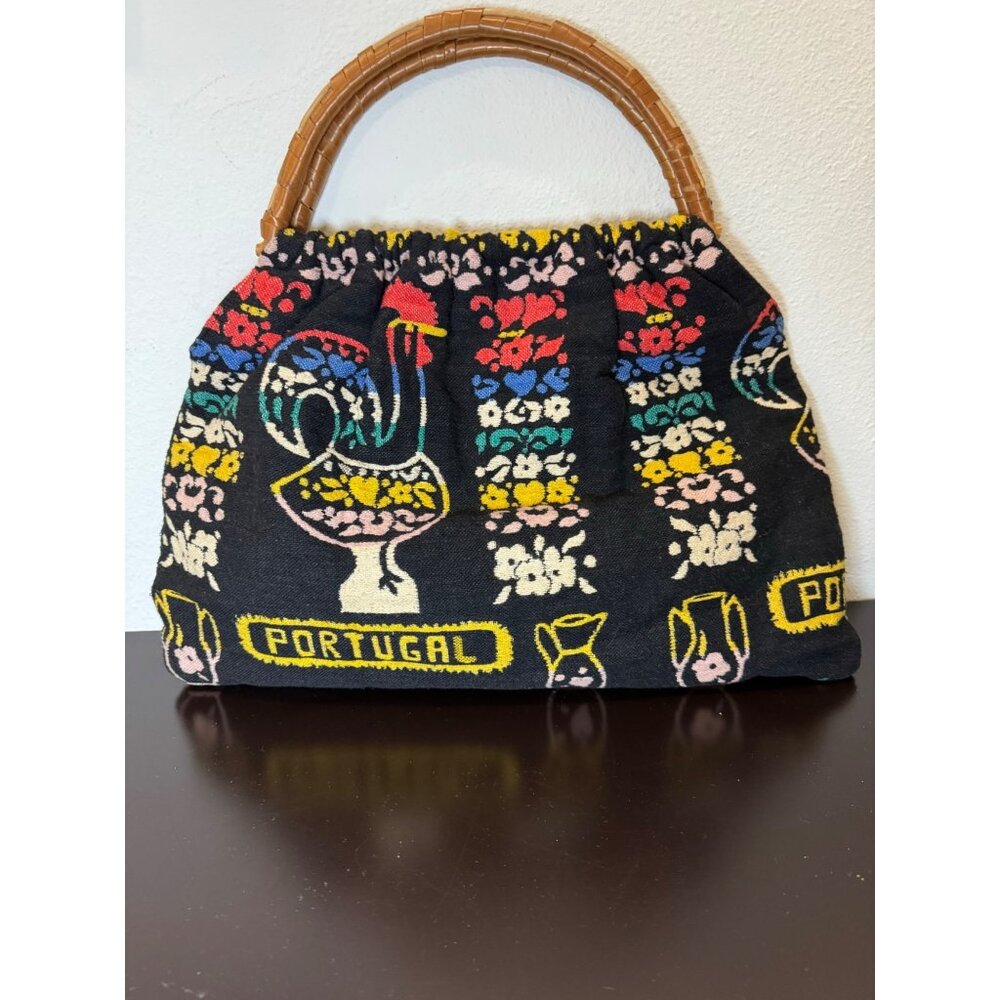 Vintage Handbag Rooster Flowers Vases Word "Portugal" Pattern